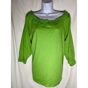 Roxi Women's XL Green Off Shoulder Blouse 3/4 Sleeve Cotton Smocked Neck Tee